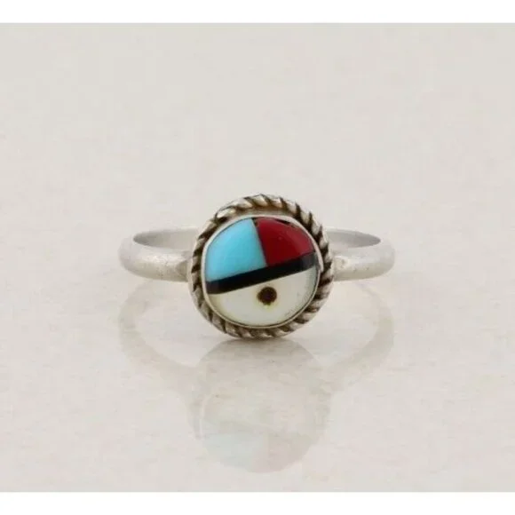 Sterling Silver Turquoise Coral Onyx Mother of Pearl Zuni Face Ring Size 4 1/2 - Picture 1 of 7